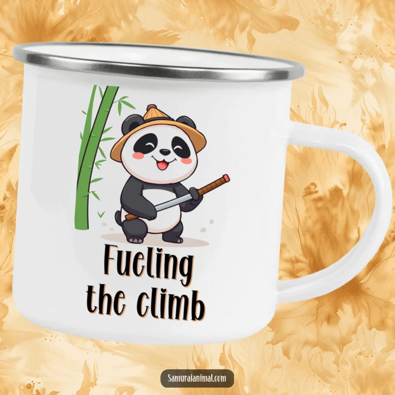 Funny Panda Bamboo Camping Mug: A sturdy outdoor mug with a panda in a straw hat, chopping bamboo with a tiny katana.