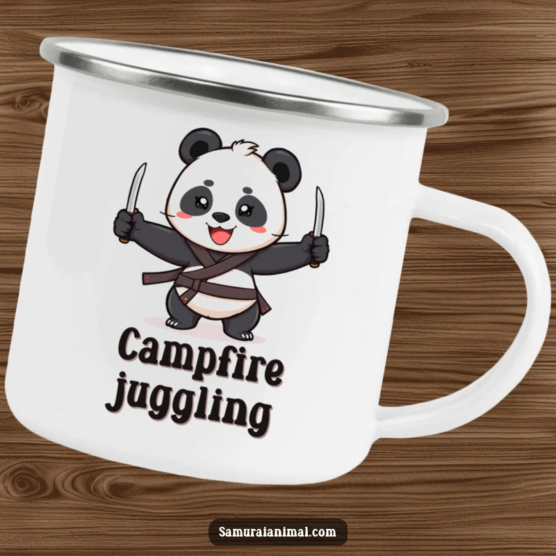 Funny Camping Mug featuring a cheerful panda with a wide grin, juggling three tiny katanas, ready for outdoor fun.
