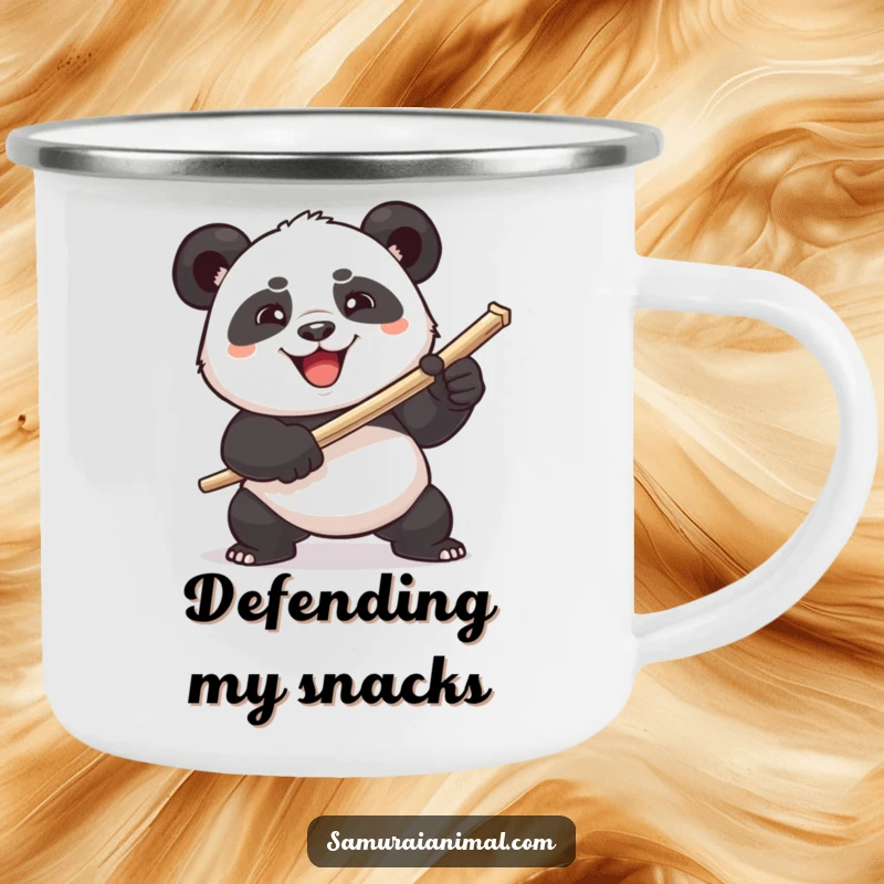 Funny plump panda comically wielding a toothpick sword on a camping mug, a design for brave and humorous outdoor trips.