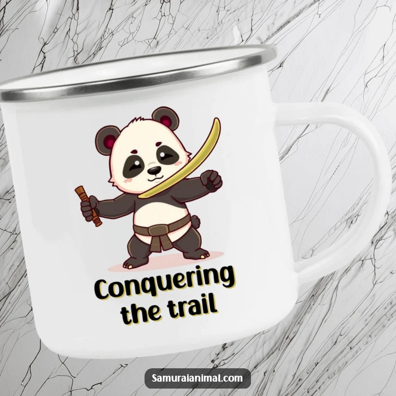 Funny panda warrior camping mug featuring a playful panda with a bamboo sword, ready for outdoor fun and humorous moments.
