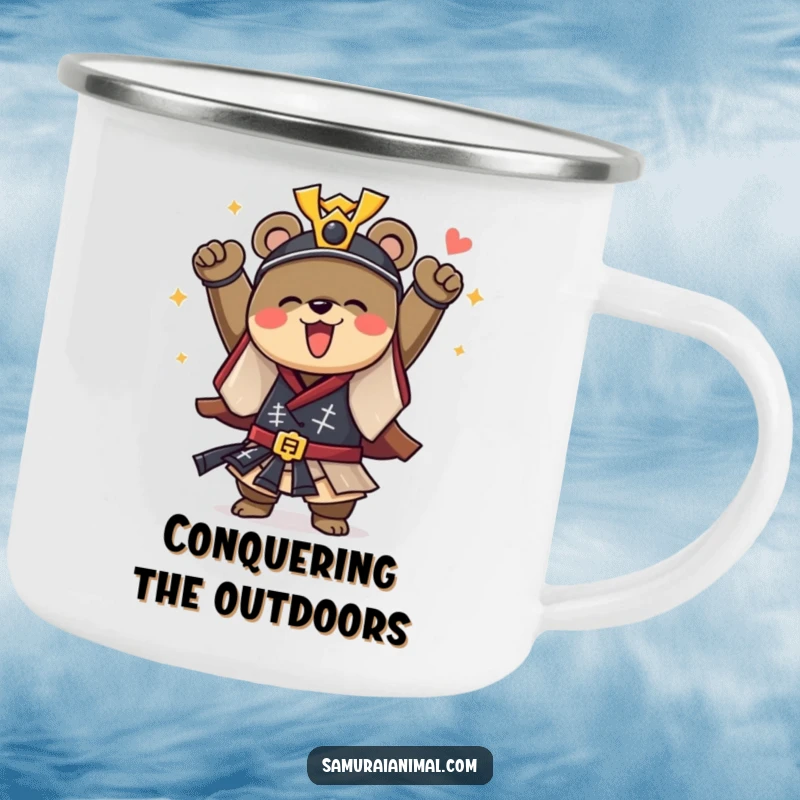 Funny camping mug with a courageous bear dressed as a samurai, cheering with joy, designed for outdoor warriors.