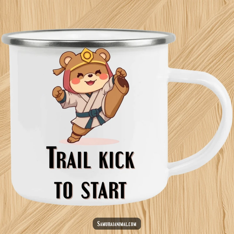 Funny camping mug of a smiling bear in samurai gear, awkwardly attempting a martial arts high kick, ready for outdoor adventures.