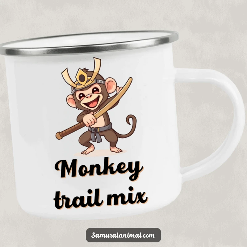 Funny camping mug featuring a happy monkey in a samurai mask, swinging a wooden sword, perfect for enjoying drinks on the go with a smile.