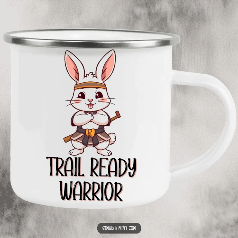 Funny Camping Mug featuring a cheerful rabbit in a determined samurai pose, paws crossed, ideal for enjoying drinks on adventures.