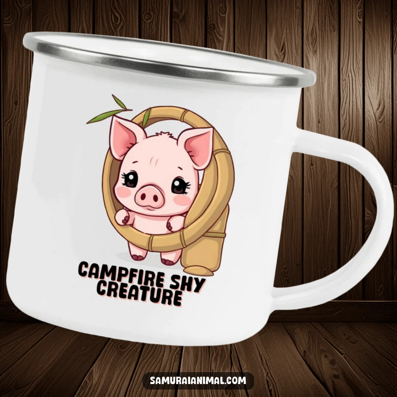 Funny camping mug with a shy piglet peeking from behind a bamboo shield, ideal for outdoor enjoyment and cuteness.