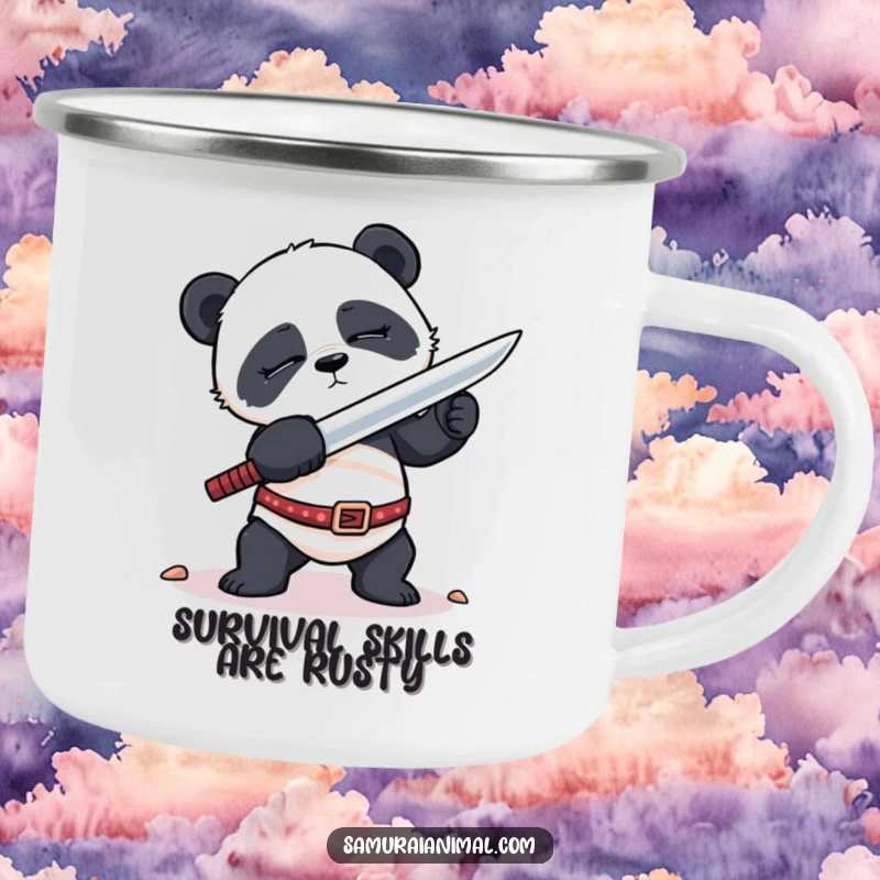 Funny Camping Mug featuring a sleepy panda in a hilariously awkward sword-fighting pose, ideal for enjoying beverages during adventures.