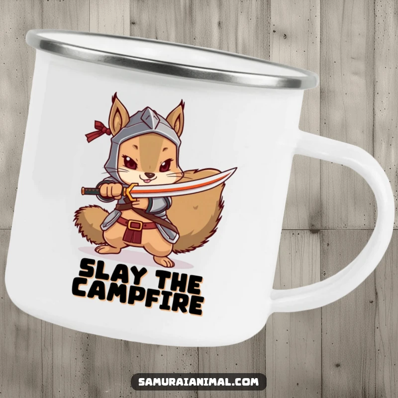 Funny squirrel camping mug with an armored squirrel dramatically pointing a tiny katana, perfect for outdoor use.