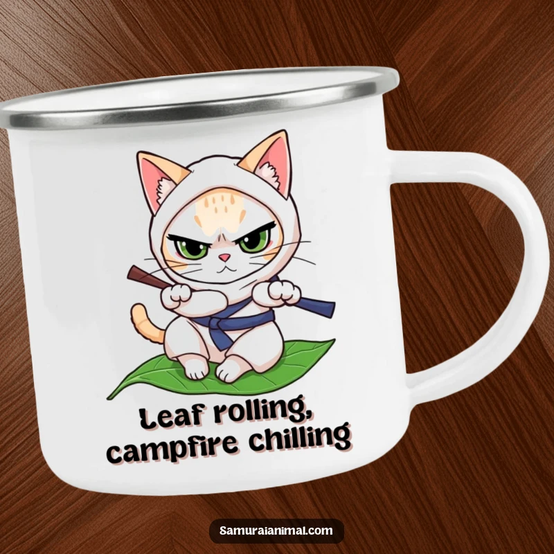 Funny cat character in ninja attire, determinedly rolling on a leaf, designed for a durable and humorous camping mug.