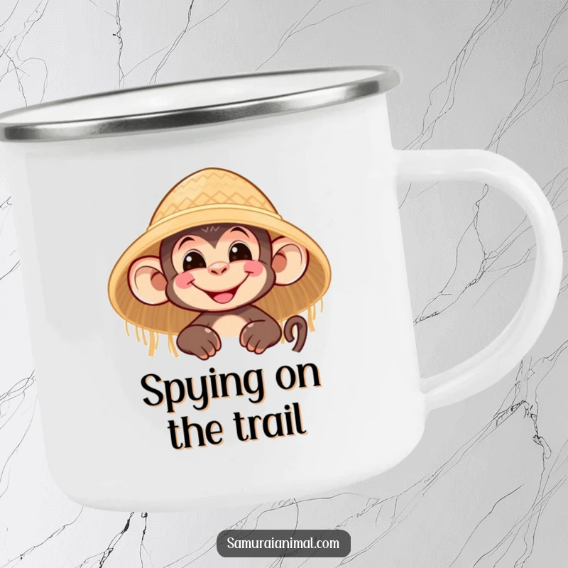 Funny camping mug with a nimble monkey character grinning and peeking from behind a straw hat, perfect for outdoor enthusiasts.