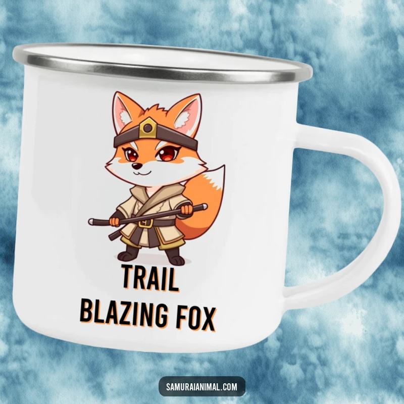 Funny Fox Samurai Camping Mug: A determined fox in samurai gear striking a pose, ready for outdoor challenges.