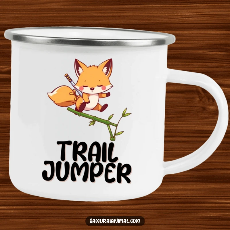 Funny Camping Mug featuring a playful fox with a small sword leaping over a bamboo shoot, ready for adventure.