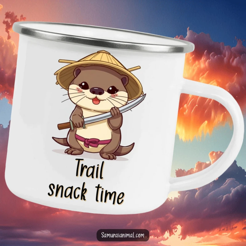 Funny enamel camping mug with a brave otter in a bamboo hat, holding a miniature katana.