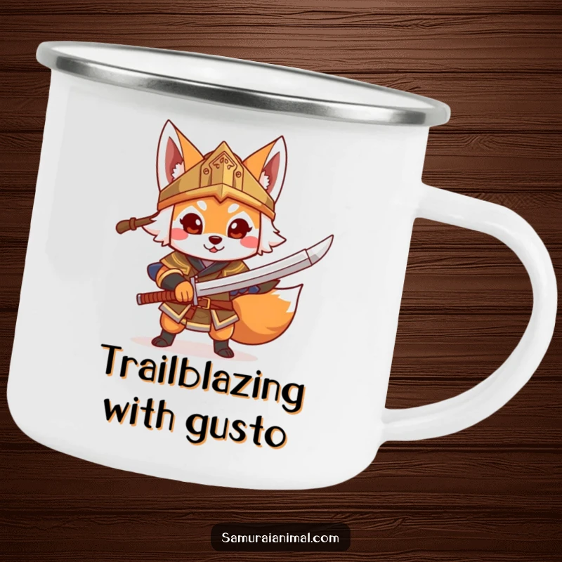 Funny Fox Warrior Camping Mug, a cheerful fox in a helmet brandishes a toy sword, for outdoor fun.