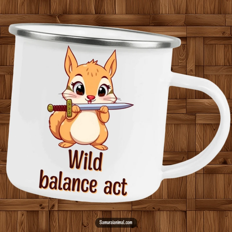 Funny Squirrel Sword Camping Mug: A small squirrel balances a sword on its nose, ideal for heroic outdoor sips.