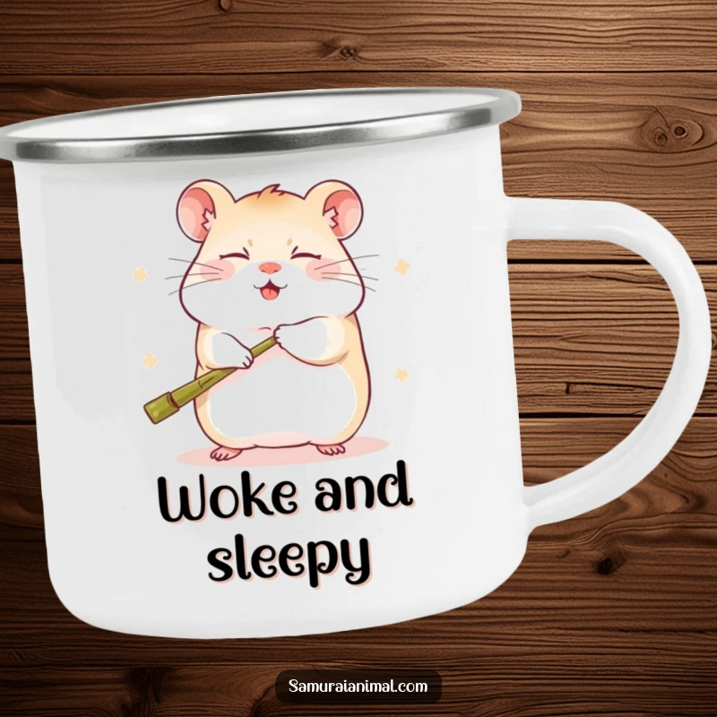Funny camping mug with a sleepy hamster in a playful kung fu pose, holding a tiny bamboo staff with a happy expression.