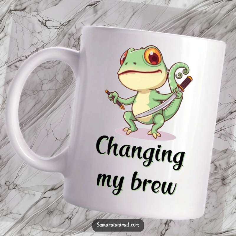 Funny Chameleon Sword Mug: A joyful chameleon playfully swings a small samurai sword, its tail curled, full of vibrant energy.