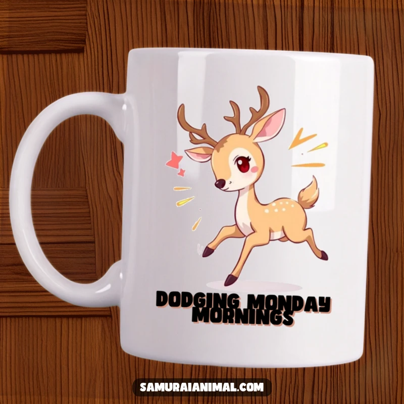 Funny deer mug showing a graceful deer smiling while playfully dodging an imaginary attack with elegant movement.