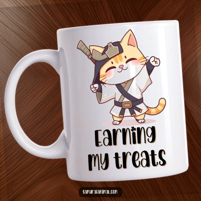 Funny Cat Samurai Mug showing a very happy cat in samurai attire performing a silly, exaggerated bow.
