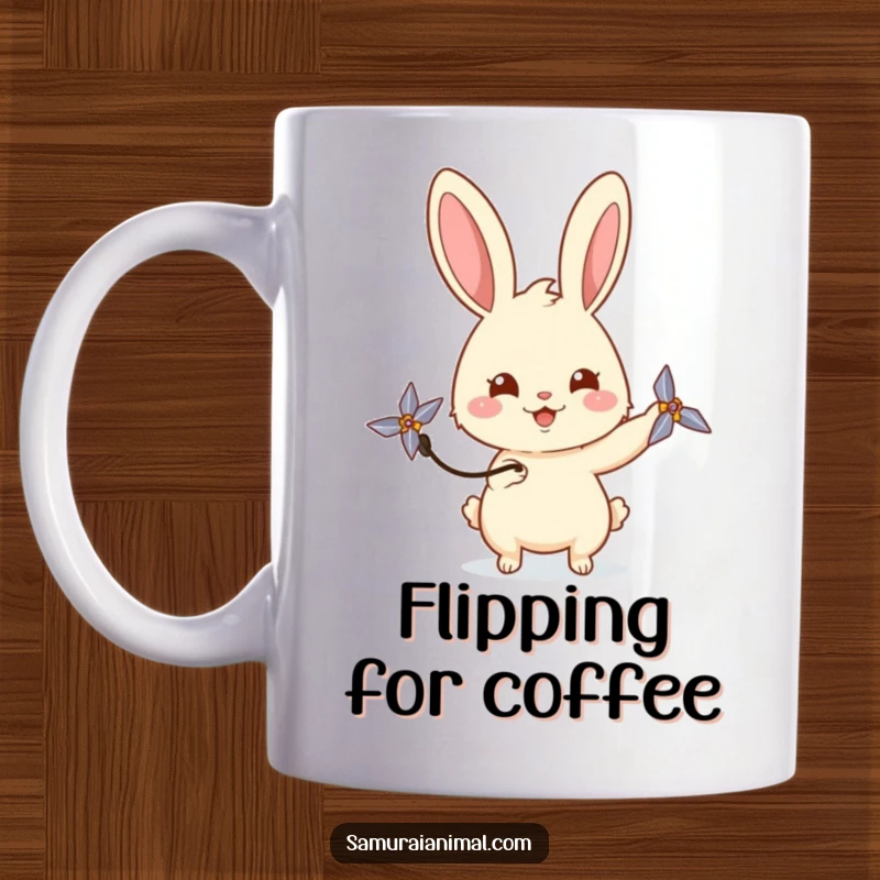 Funny rabbit mug featuring a happy bunny playfully spinning a miniature shuriken with a curious gaze, embodying cute ninja fun.