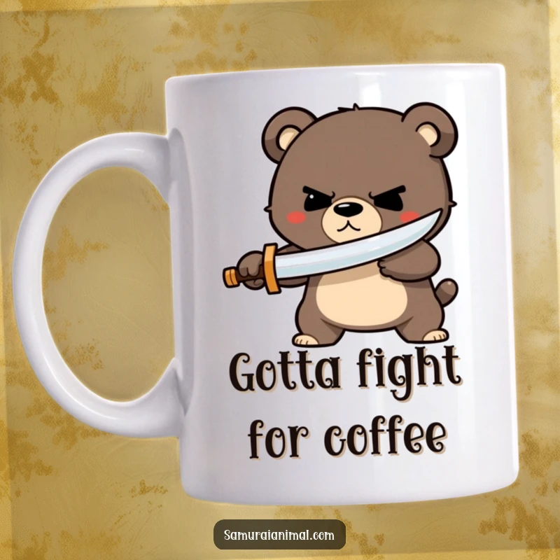 Funny bear sword mug with a small bear character sporting a determined grin, bravely parrying with a tiny wooden sword, ready for adventure.