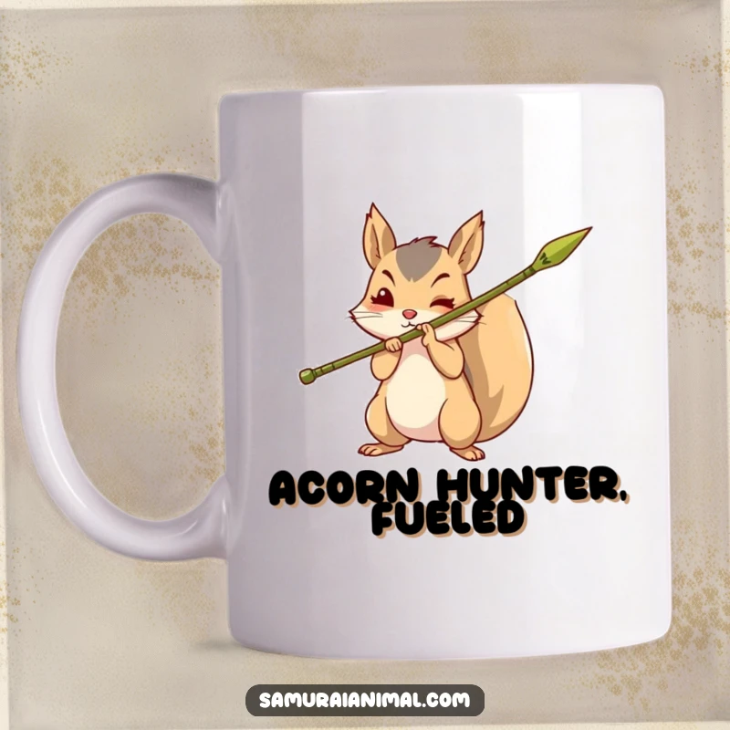 Funny mug showing a brave squirrel holding a sharpened bamboo spear, ready to defend its territory with courage.