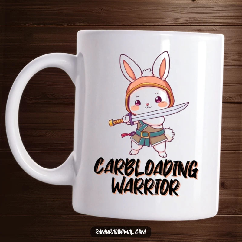 Funny mug showing a fluffy bunny wearing a small helmet, comically swinging a noodle like a sword. Adorable warrior imagery.