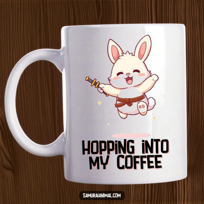 Funny fluffy bunny with a tiny sword, joyfully leaping mid-air, a charming and humorous mug design.