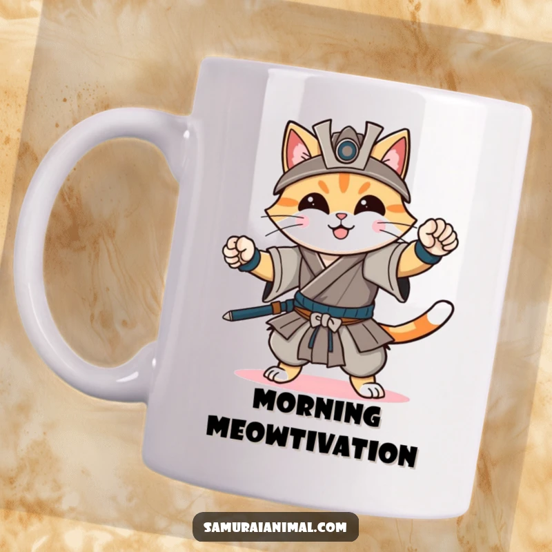Funny mug showing a cheerful cat striking a dynamic samurai pose with a gentle smile, exuding both power and feline charm.