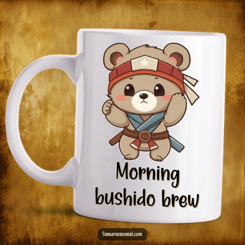 Funny bear cub adjusting samurai headband with a curious expression, ready for a funny adventure on this high-quality mug.