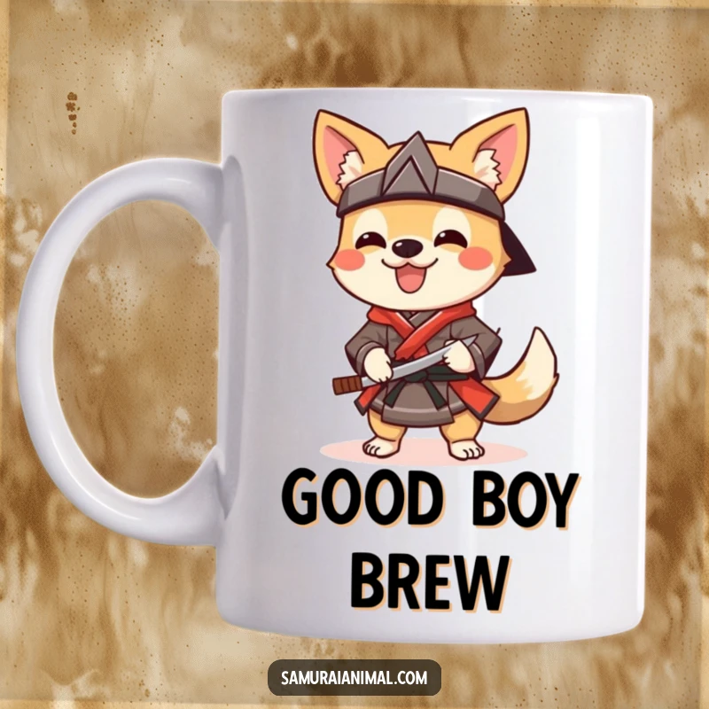 Funny Dog Samurai mug featuring a cheerful dog in samurai attire wagging its tail while holding a sai.