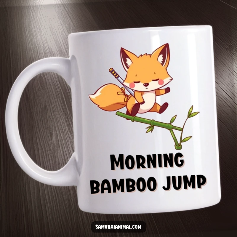 Funny Mug showing a playful fox with a tiny sword leaping gracefully over a bamboo shoot with agility.