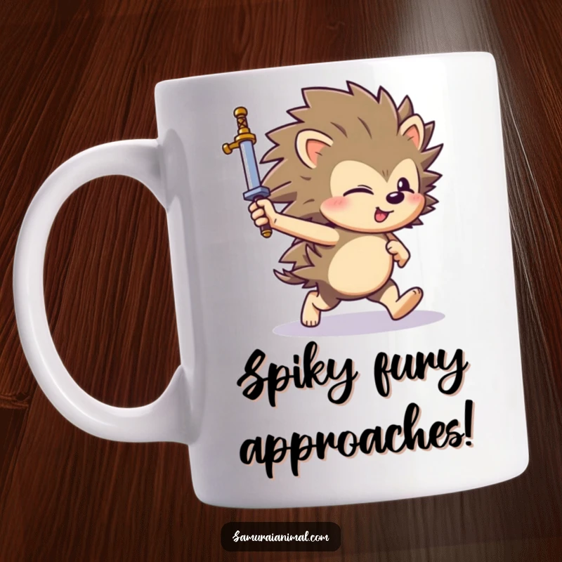Funny hedgehog character comically charging forward with a sword held high, printed on a mug for a dose of cheerful adventure.