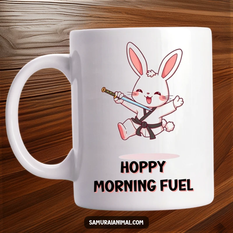 Funny mug showing a cheerful bunny mid-air, performing a dynamic karate kick with its tiny sword, full of playful energy.