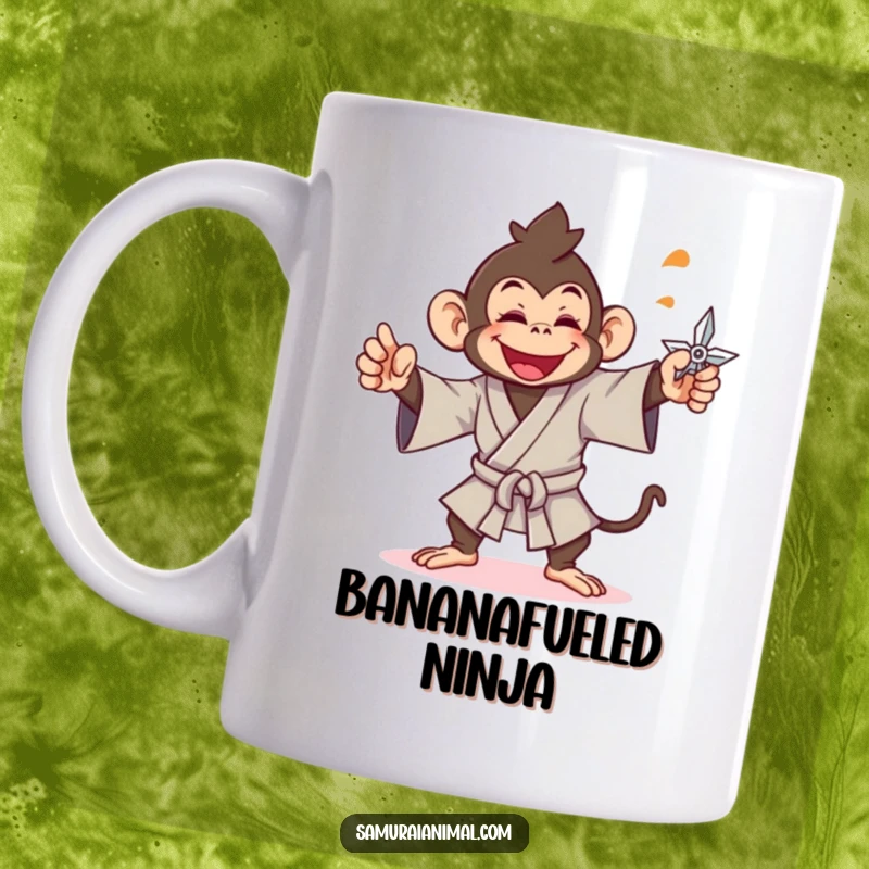 Funny monkey mug featuring a cheerful ninja monkey in a samurai gi, gleefully throwing a shuriken.