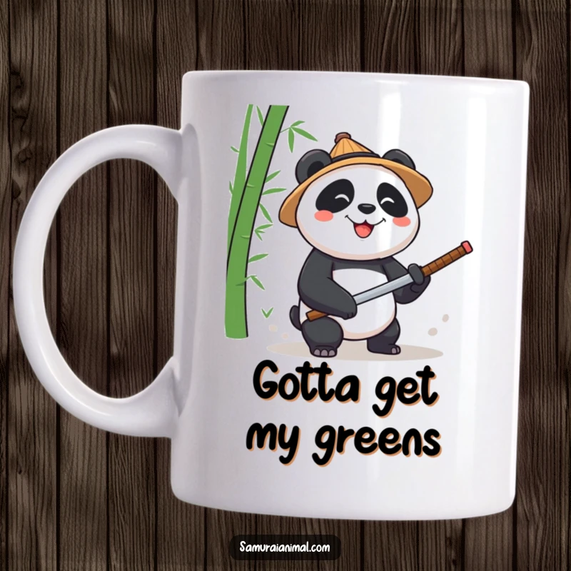 Funny Panda Bamboo Chopping Mug: A smiling panda in a straw hat furiously chops bamboo with a small katana.