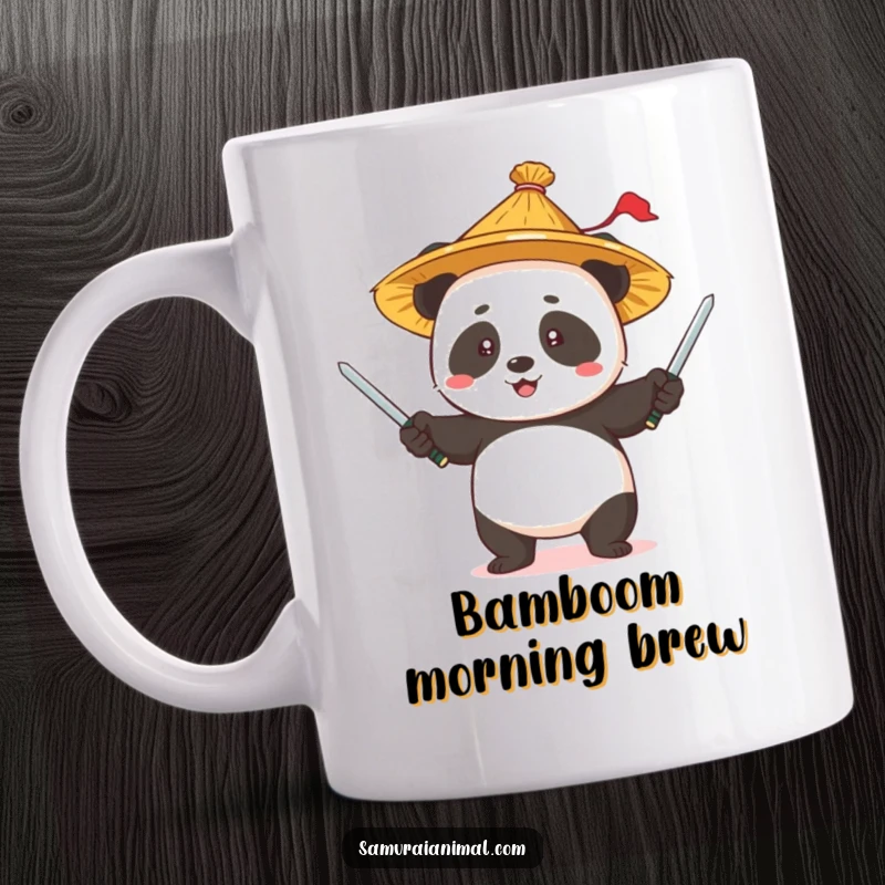 Funny Panda Juggler Mug: A happy panda wearing a straw hat, expertly juggling small swords with a grin.