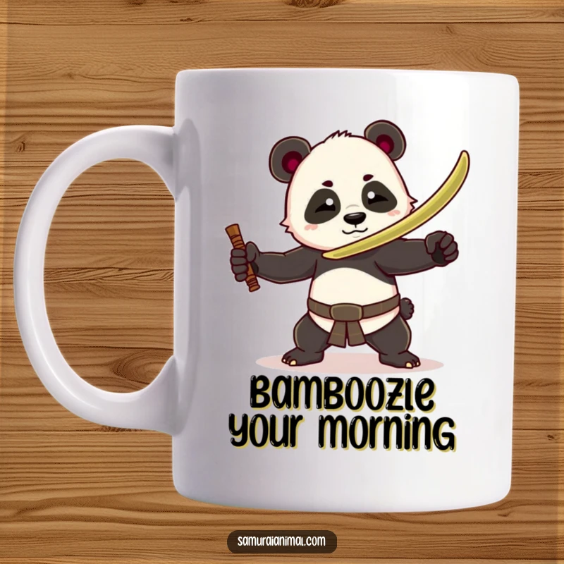 Funny panda warrior mug with a cute panda holding a bamboo sword in a dramatic pose for a humorous and energetic gift.