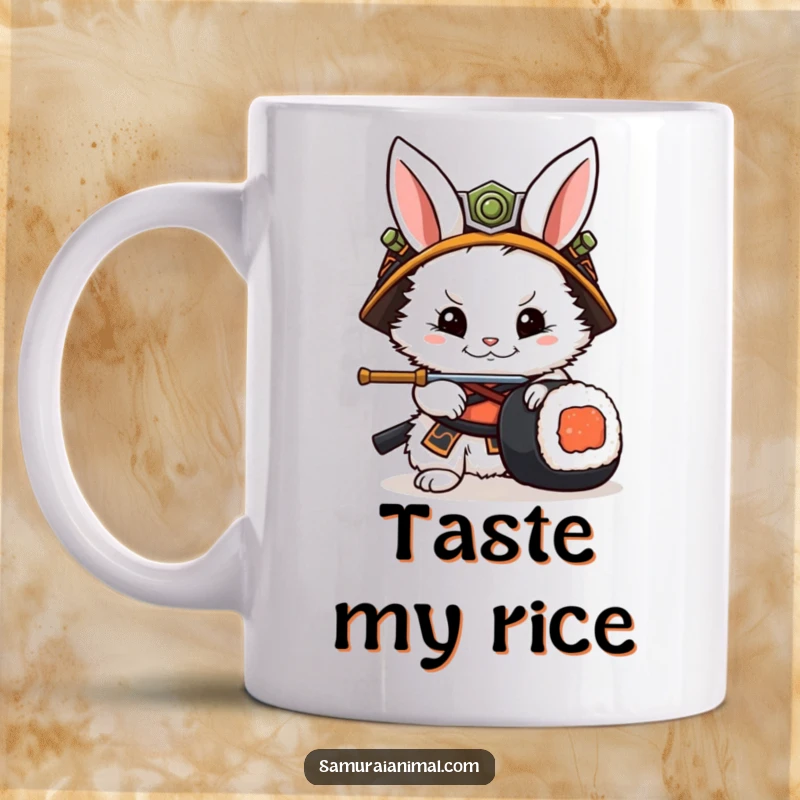 Funny Rabbit Samurai Mug: A cute fluffy rabbit in a samurai helmet skillfully parries a sushi roll with its sword.