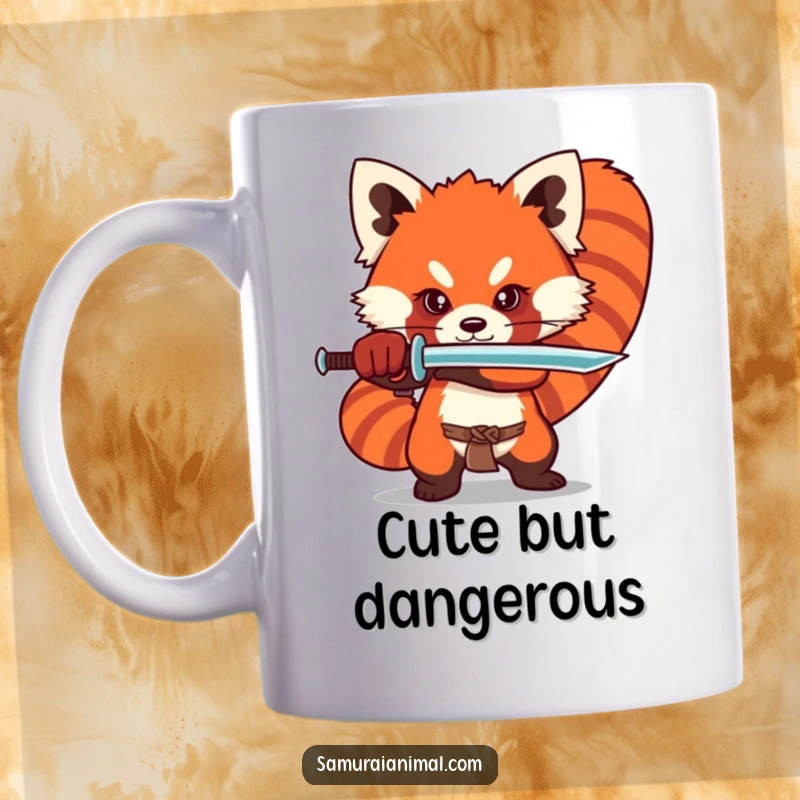 Funny red panda mug featuring a stylized character in a dramatic yet adorable sword stance, embodying fierce cuteness.