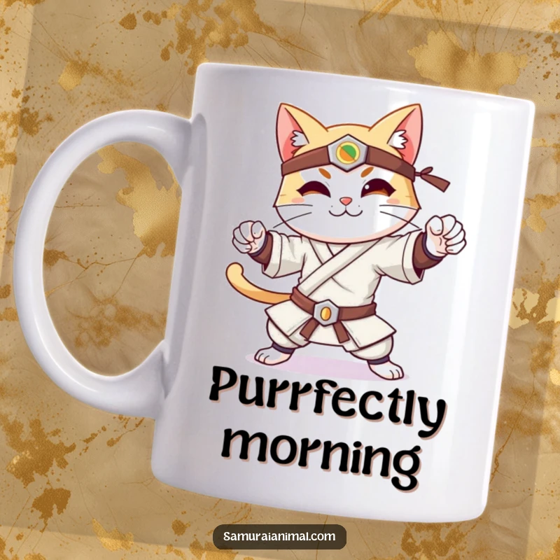 Funny mug showcasing a cheerful cat in a strong samurai pose, smiling gently, ready to conquer the day with feline grace.