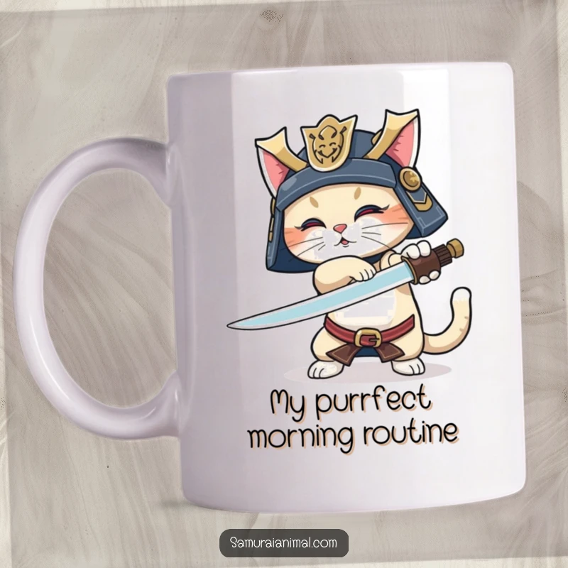 Funny Samurai Cat Mug: Fierce feline warrior in helmet, practicing katana trick with a furiously wagging tail, looking determined.