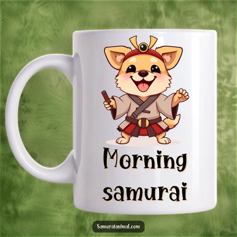 Funny Mug showcasing a happy dog dressed in a traditional samurai tunic, striking a playful and heroic pose.