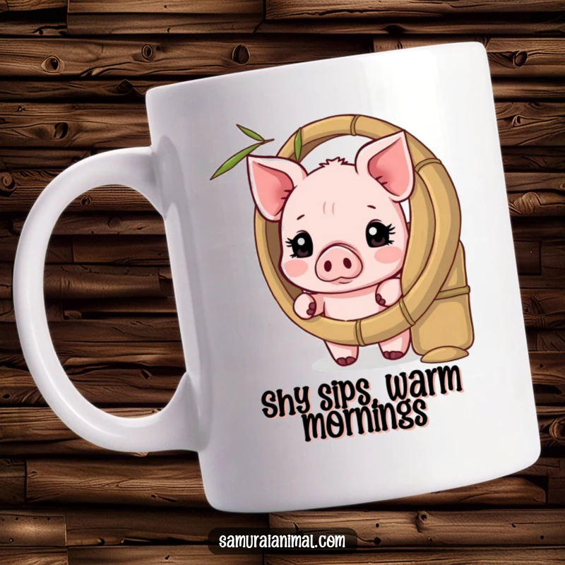Funny mug showing a shy piglet adorably peeking from behind a bamboo shield, radiating bashfulness and charm.