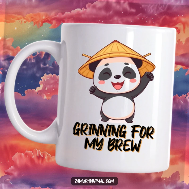 Funny panda character wearing a bamboo hat, striking a heroic martial arts pose with a confident grin.