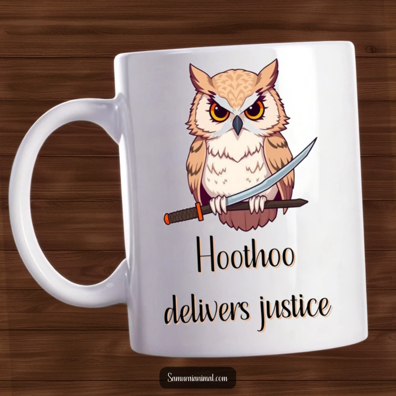 Funny stoic owl with a miniature katana perched firmly, symbolizing quiet strength and a humorous sense of readiness for your coffee break.