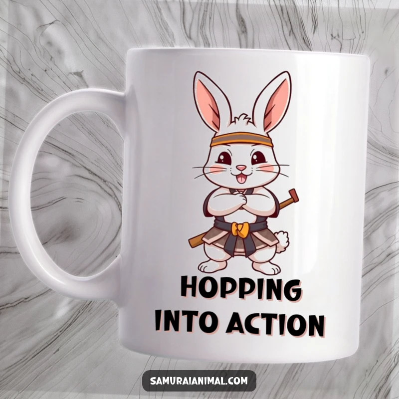 Funny Mug featuring a cheerful rabbit in a determined samurai pose with crossed paws, ready for adventure and a good laugh.