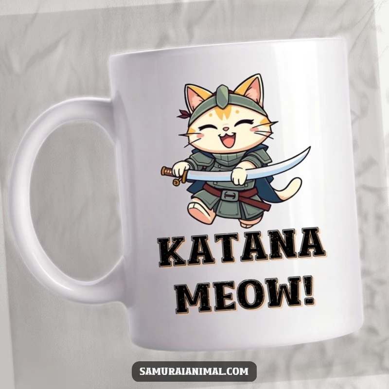Funny Cat Knight Mug: A smiling armored cat leaping bravely with a katana, ready to conquer breakfast.