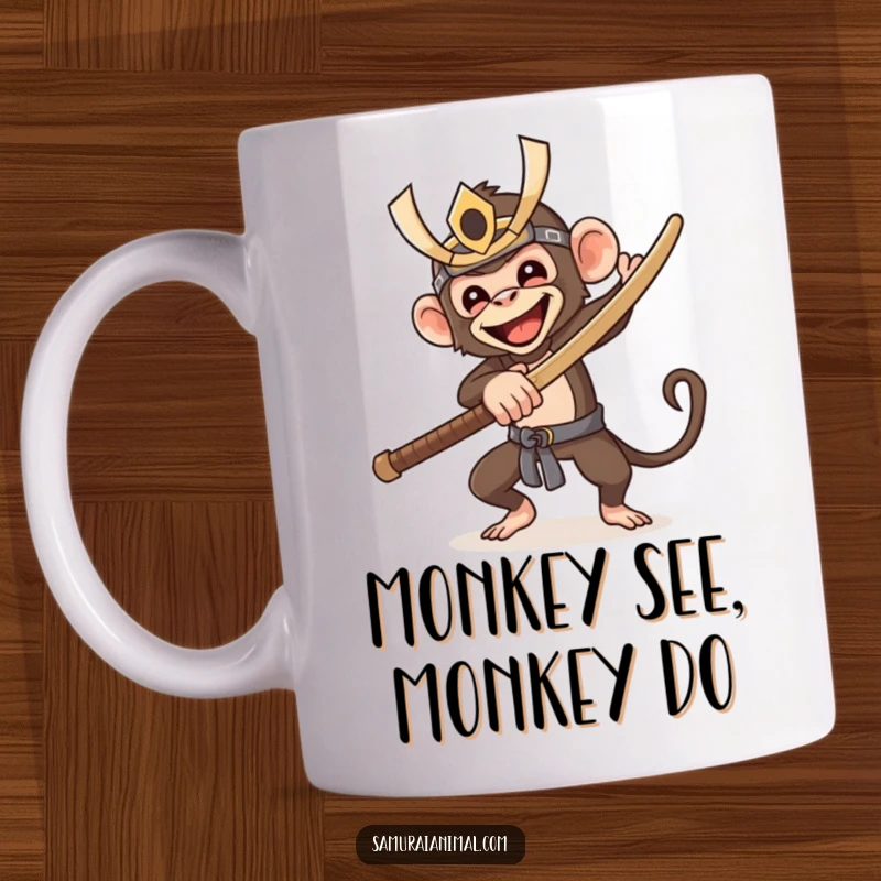 Funny mug featuring a grinning monkey in a samurai mask, enthusiastically swinging a wooden sword, ready for action and a good laugh.
