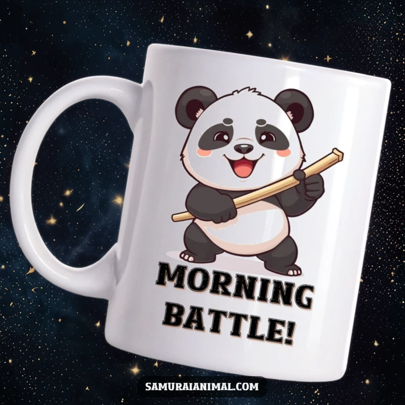 Funny plump panda comically wielding a toothpick sword with a determined grin, a humorous design on a mug.