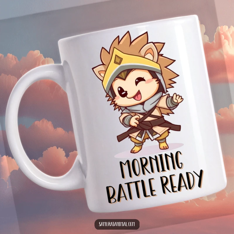 Funny warrior hedgehog mug featuring a happy, armored hedgehog doing a playful spin, radiating joy and readiness for fun.